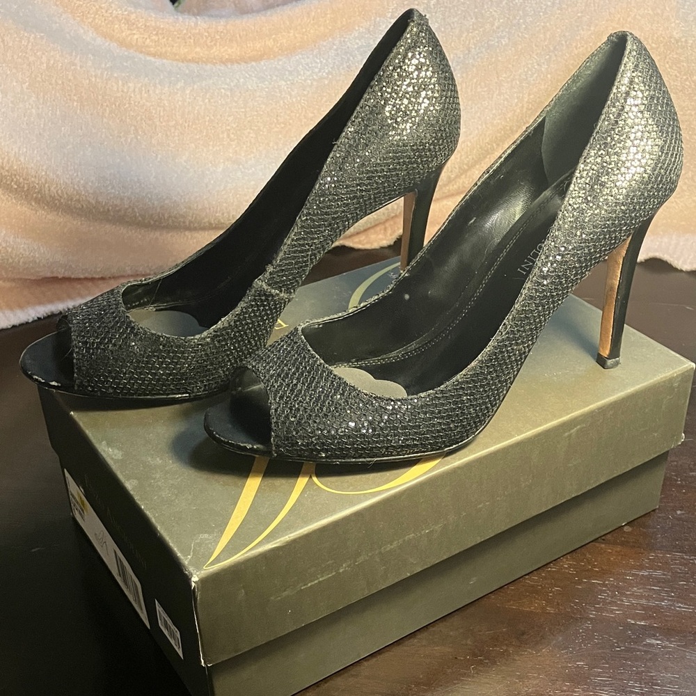 Enzo Angiolini Glittering Black Peep-Toe Heels